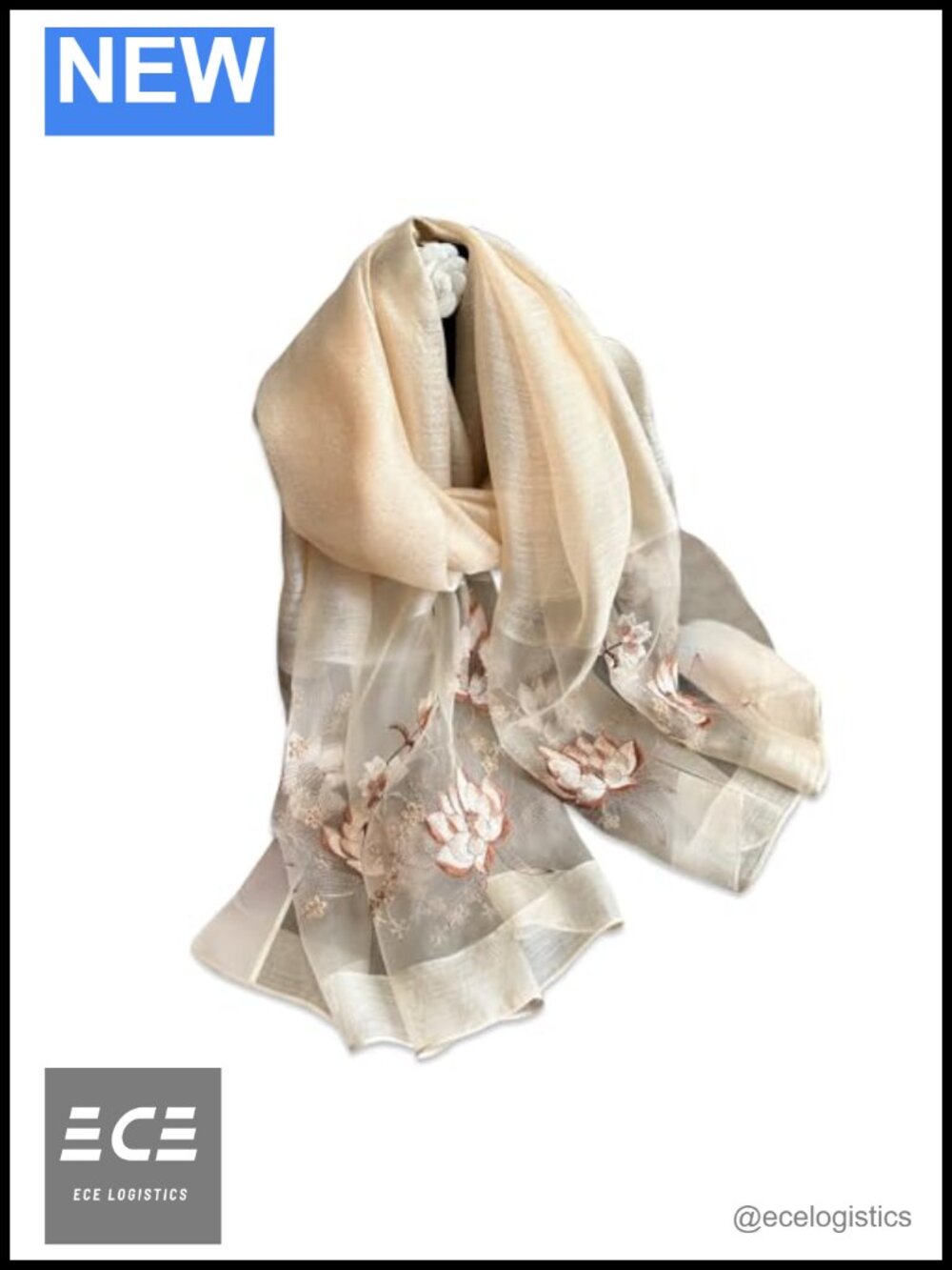 Silk Chiffon Scarf with Lotus Embroidery, Tulle Shawl Wrap & Hijab